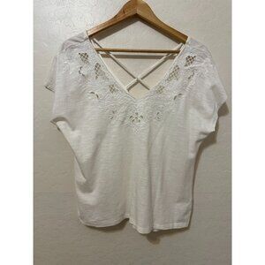 Boho Western Woman Deep V neck Embroidered Top Sz L Beachy Resort Travel Cruise